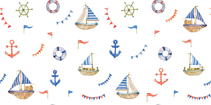 Watercolor seamless hand drawn nautical pattern with vessels, ships, sailboats, anchors, wheel , lifebuoys, garlands of flags. Cute sea background for boys. Illustration isolated on white background.