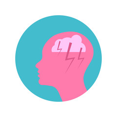 Pink silhouette of woman head with cloud and lightning, psychology and psychiatry sign. Depression, mental health weather concept. Vector flat illustration.