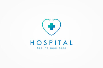 Healthcare Medical Logo. Blue Linear Heart Symbol with Stethoscope and Cross Plus Sign inside isolated on White Background. Flat Vector Logo Design Template Element.