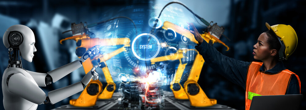 Mechanized industry robot and human worker working together in future factory . Concept of artificial intelligence for industrial revolution and automation manufacturing process . - Powered by Adobe