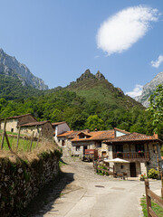 Fototapeta na wymiar Vistas del paisaje rural de San Esteban de Cuñaba en Asturias, con montañas altas al fondo, casas de piedra y árboles verdes alrededor, en medio de la naturaleza, en un entorno saludable, verano 2020
