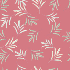 Fototapeta na wymiar Abstract seamless pattern with random simple floral leaf branches silhouettes on pink background print.