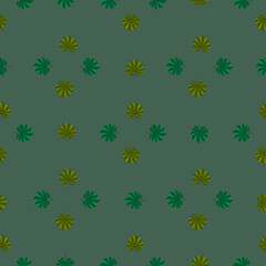 Geometric style seamless pattern with green exotic leaf silhouettes. Pale green background. Doodle backdrop.