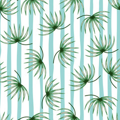 Random seamless doodle pattern with green bright tropic leaves silhouettes. Striped blue background.