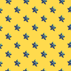 Navy blue hand drawn orchid flowers seamless doodle pattern. Yellow background. Simple style.