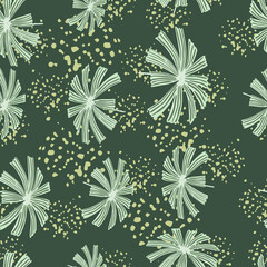 Random palm licuala silhouettes seamless pattern. Hand drawn foliage print. Green background with splashes.