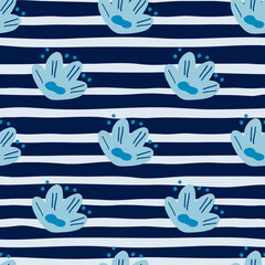 Abstract floral seamless pattern with blue botanic doodle flowers silhouettes. Striped navy blue background.