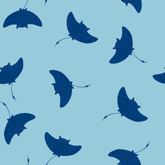 Random seamless ocean pattern with hand drawn stingray elements in navy blue color. Pastel blue background.