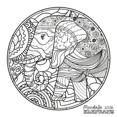 Elephant. Zen art. Detailed hand drawn mandala with abstract patterns on isolation background. Design for spiritual relaxation for adults. Black and white illustration for coloring. Design Zentangle