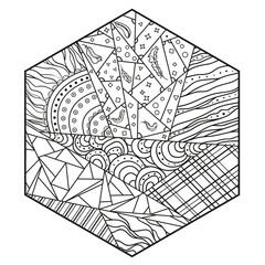 Polygon. Zentangle. Hand drawn mandala with abstract patterns on isolation background. Design for spiritual relaxation for adults. Line art creation. Black and white illustration for coloring. Zen art