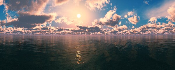 Beautiful clouds above the water surface at sunrise, seascape with clouds, 3D rendering