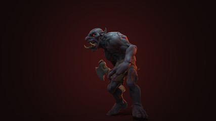 Fototapeta na wymiar Fantasy character Troll Berserker in epic pose - 3D render on dark background 