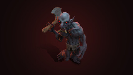 Fantasy character Troll Berserker in epic pose - 3D render on dark background

