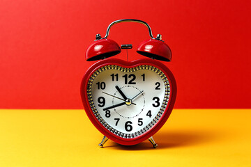 Red metal alarm clock in shape of heart placed on vibrant two colored background in studio