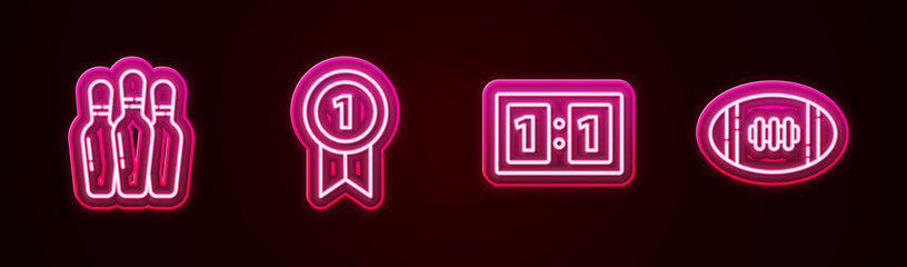 Fototapeta premium Set line Bowling pin, Medal, Sport mechanical scoreboard and American Football ball. Glowing neon icon. Vector