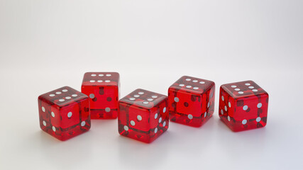 five transparent red dice die on white background  yatzy