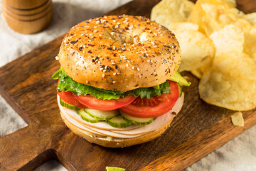 Homemade Bagel Turkey Sandwich with Lettuce