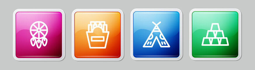 Set line Dream catcher with feathers, Potatoes french fries in box, Indian teepee or wigwam and Gold bars. Colorful square button. Vector © Kostiantyn