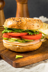 Homemade Bagel Turkey Sandwich with Lettuce