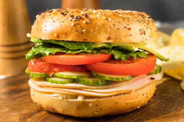 Homemade Bagel Turkey Sandwich with Lettuce