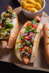 Hot dogs with different mexican toppings, close up