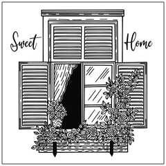 Elements of architecture, open window background. Window with shutters and flower pots on a wall. Doodle hand draw graphic. Cute vector illustration. Black and white Sketch style. House facade.