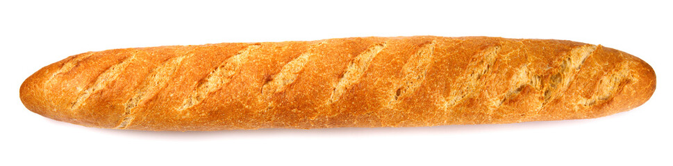 The baguette is isolated on a white background. French baguette. Top view.