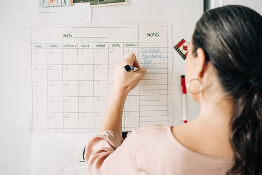 Back view of anonymous female taking notes in calendar on fridge with magnets while making plans in kitchen at home