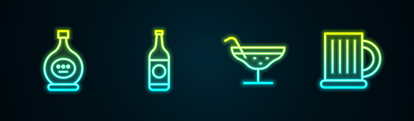 Set line Bottle of cognac or brandy, Beer bottle, Cocktail and Wooden beer mug. Glowing neon icon. Vector