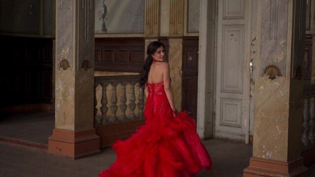 Woman Vintage Red Dress Old Castle Beautiful Princess In Seductive Dress Elegant Caucasian Female Fairy Tale story runs away