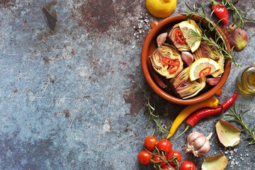 Food background with fresh artichokes, vegetables and herbs. Flat layot, copy space