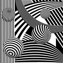 Abstract background with striped spheres in black and white. Optical illusion.