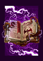 Cartoon colorful detailed old open magic spell books with dragons, strange symbols and bookmark. On background with lightning and tree roots. Vector icon.