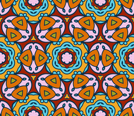 Abstract colorful doodle flower seamless pattern. Floral geometric background. Mosaic, tile of thin line ornament.