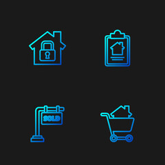 Set line Shopping cart with house, Hanging sign Sold, House under protection and contract. Gradient color icons. Vector