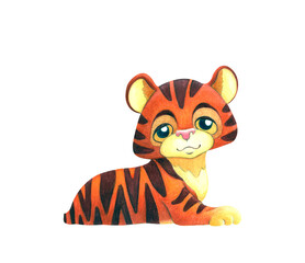 Cartoon image of a little ginger tiger cub. Symbol of 2022. Watercolor illustration isolated on white background.