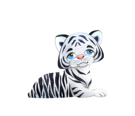 Fototapeta na wymiar A cute white tiger cub with blue eyes lies and smiles. Watercolor illustration isolated on white background in cartoon style.