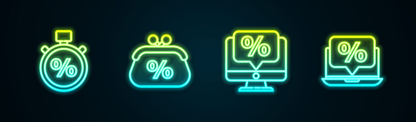 Set line Stopwatch and percent, Purse money, Percent discount monitor and laptop. Glowing neon icon. Vector