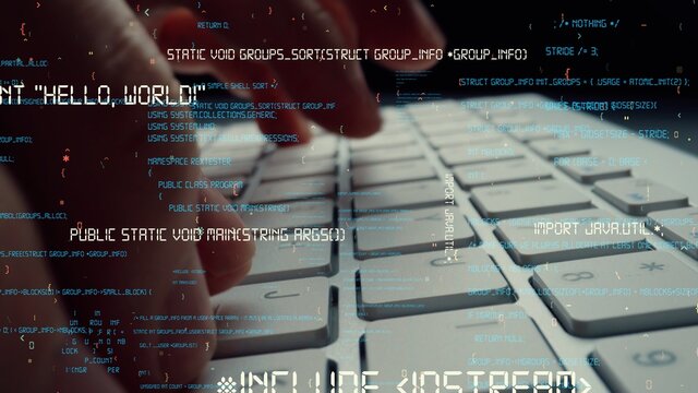 Creative visual of computer programming coding and software development shown by man working on computer keyboard with overlay of computer graphic displaying abstract program codes and computer script