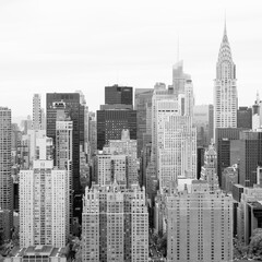 Aerial view of Midtown Manhattan in black and white, New York City, USA