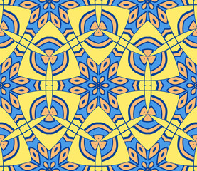 Abstract colorful doodle flower seamless pattern. Floral geometric background. Mosaic, tile of thin line ornament.