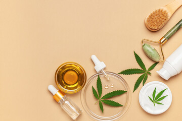 CBD oil, hemp tincture, cannabis cosmetic product for skin care. Alternative medicine pharmaceutical medical cannabis. Top view. Flat lay
