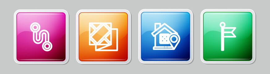 Set line Route location, Folded map, Location with house and marker. Colorful square button. Vector
