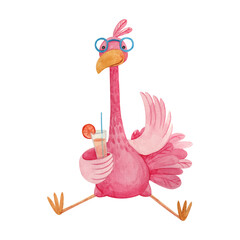 Children's watercolor illustration with a flamingo holding a cocktail - obrazy, fototapety, plakaty
