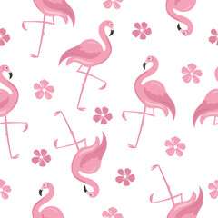 Fototapeta premium Seamless pattern with pink fall flamingo, flowers