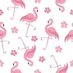 Fototapete Flamingo Seamless pattern with pink fall flamingo, flowers