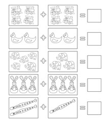 Solve math examples for addition. Fold toys. Educational game for kids. Coloring page.