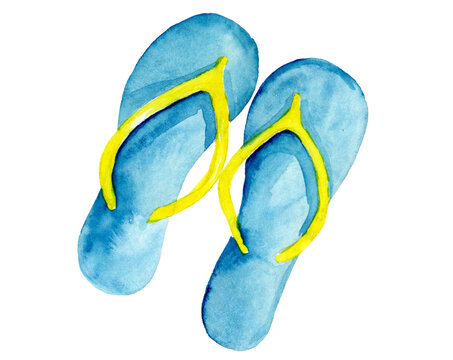 beach summer slippers painted in watercolor, isolated on a white background. Summer Flip flops