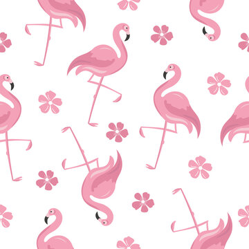 Seamless Pattern With Pink Fall Flamingo, Flowers