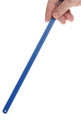 Hand holds a hacksaw blade for metal on a white background